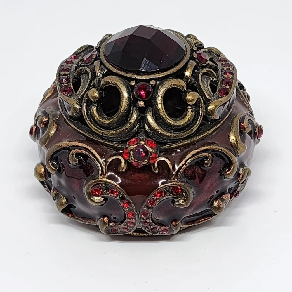 ENAMELED TRINKET BOX JULY BIRTHSTONE Red Faux Garnet Ruby Scroll Copper Toned